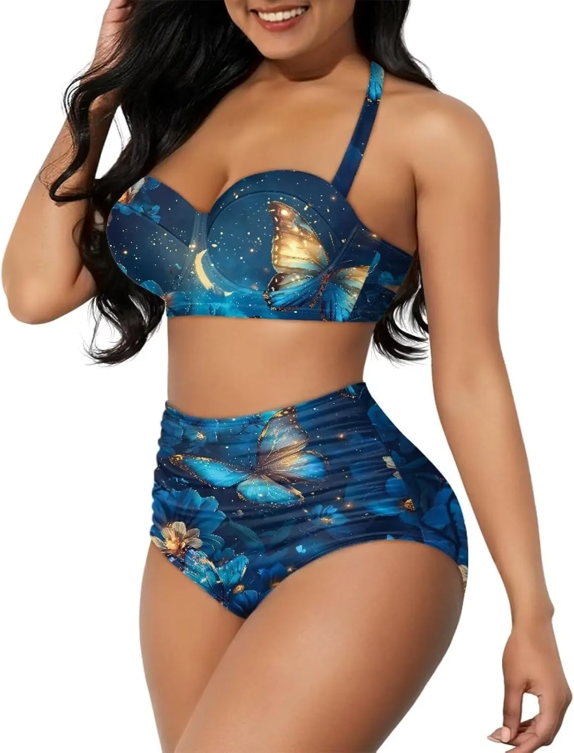 Yuuxorilu Women Two Piece High Waist Bikini Set Halter Ruched High Waist Bikini with Bottom
