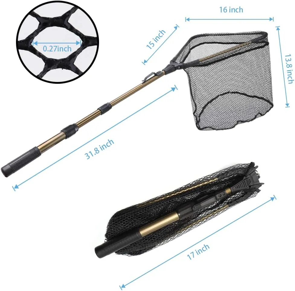 YVLEEN Folding Fishing Net - Foldable Fish Landing Net Robust Aluminum Telescopic Pole Handle and Nylon Mesh 16inch Hoop Size