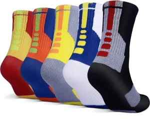 YWSLRC 5 Pairs Mens Athletic Crew Socks Elite Basketball Sport Cushioned Long Compression Sock,6.5-11.5