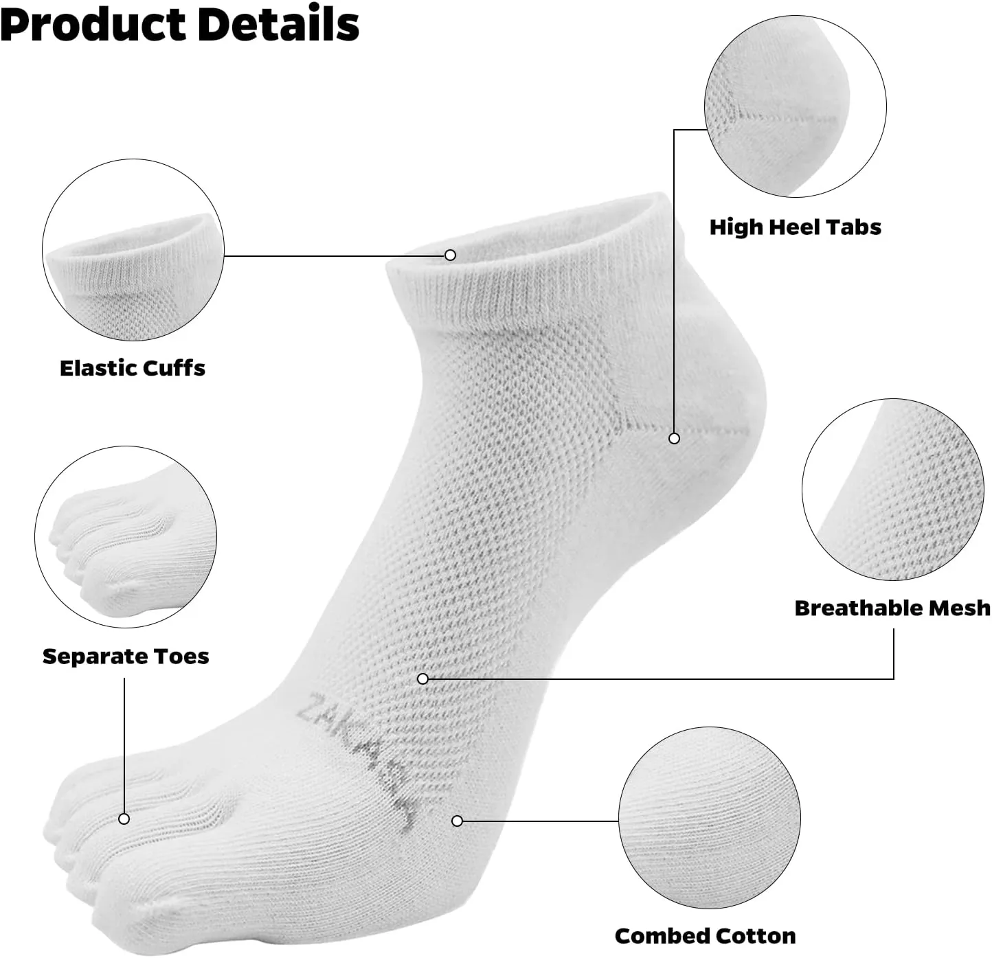 ZAKASA Toe Socks for Men Ankle: No Show Low Cut Toe Socks Individual Five Finger Cotton for Athletic Running 5 Pairs