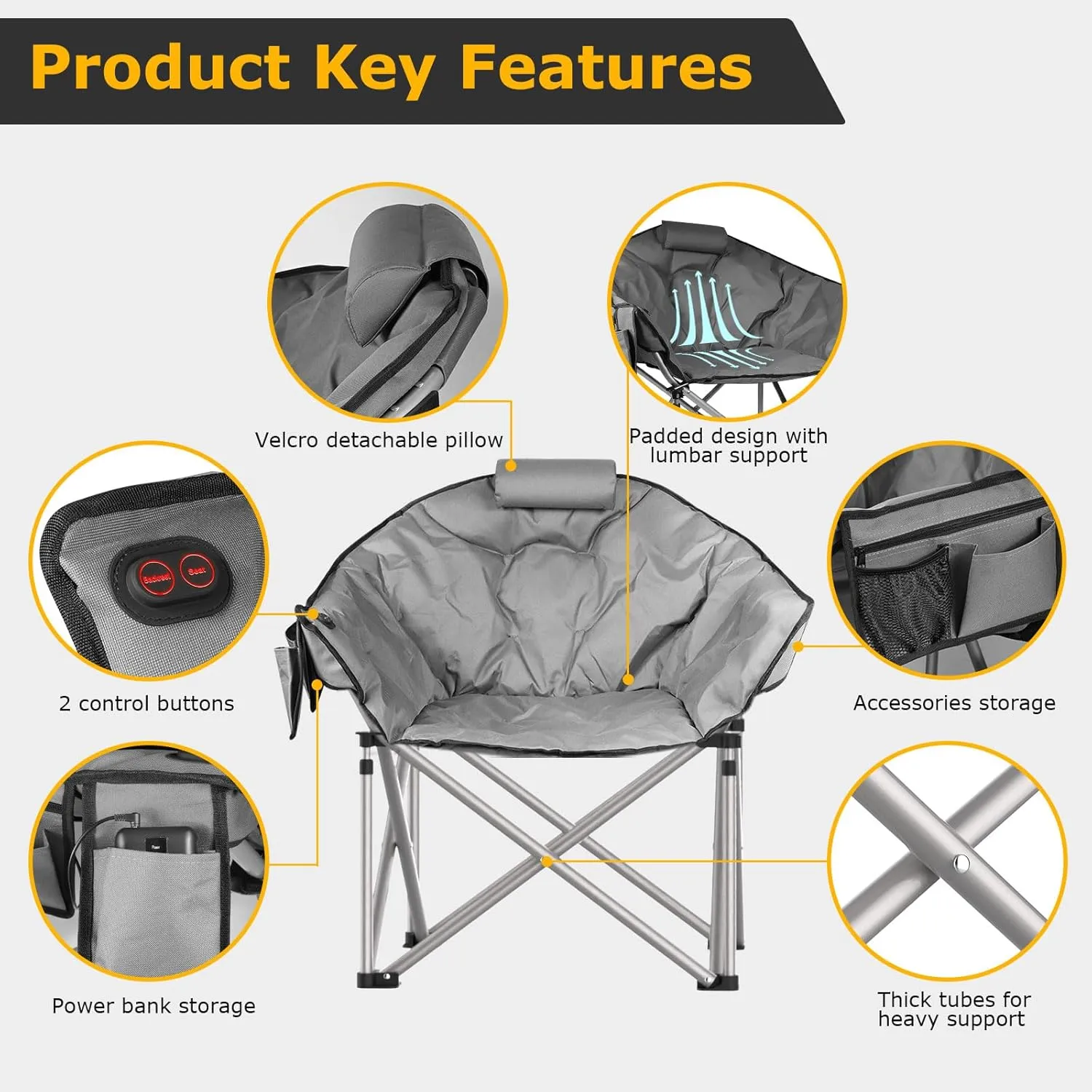 ZENPETIO Heated Camping Chair, Oversized Heated Chair for Adults Outdoor Sports, Dual Heating Zones with 3 Levels, Portable Folding Heated Chairs for Camp, Sports, Lawn with 20000mAh Battery