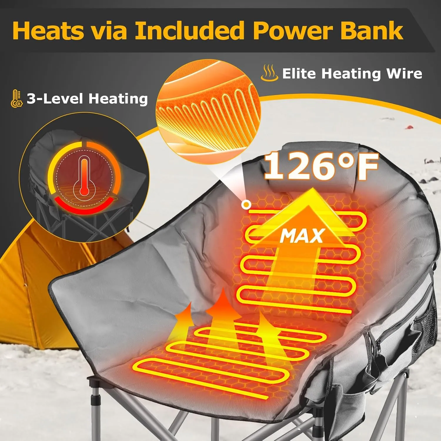 ZENPETIO Heated Camping Chair, Oversized Heated Chair for Adults Outdoor Sports, Dual Heating Zones with 3 Levels, Portable Folding Heated Chairs for Camp, Sports, Lawn with 20000mAh Battery