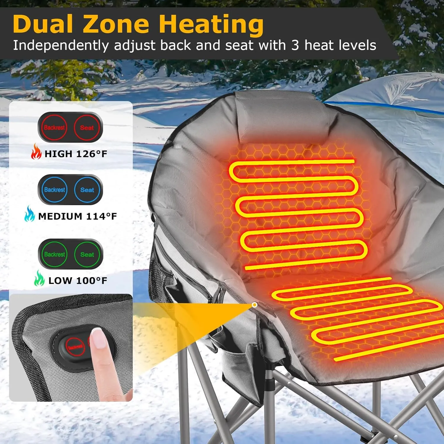 ZENPETIO Heated Camping Chair, Oversized Heated Chair for Adults Outdoor Sports, Dual Heating Zones with 3 Levels, Portable Folding Heated Chairs for Camp, Sports, Lawn with 20000mAh Battery