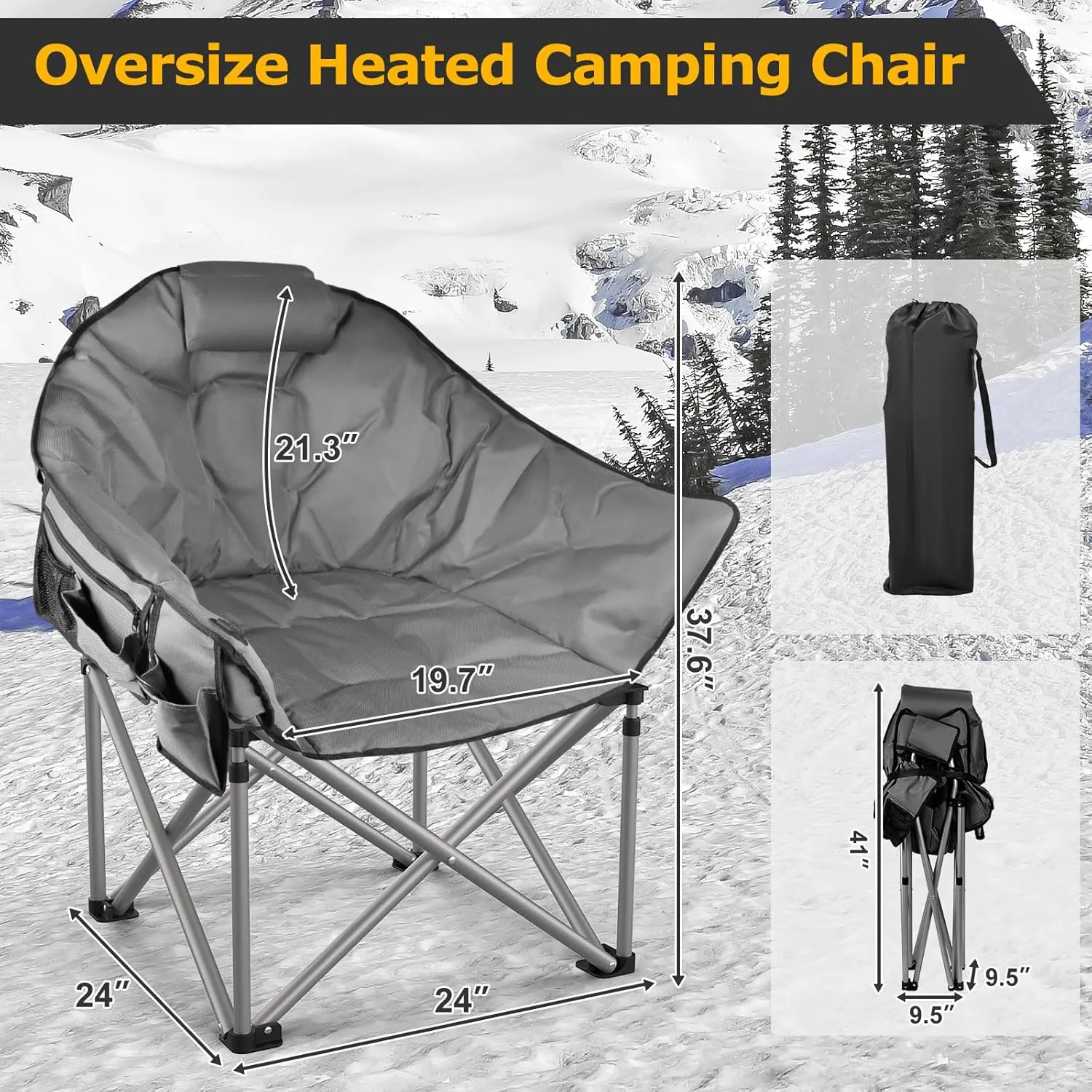 ZENPETIO Heated Camping Chair, Oversized Heated Chair for Adults Outdoor Sports, Dual Heating Zones with 3 Levels, Portable Folding Heated Chairs for Camp, Sports, Lawn with 20000mAh Battery