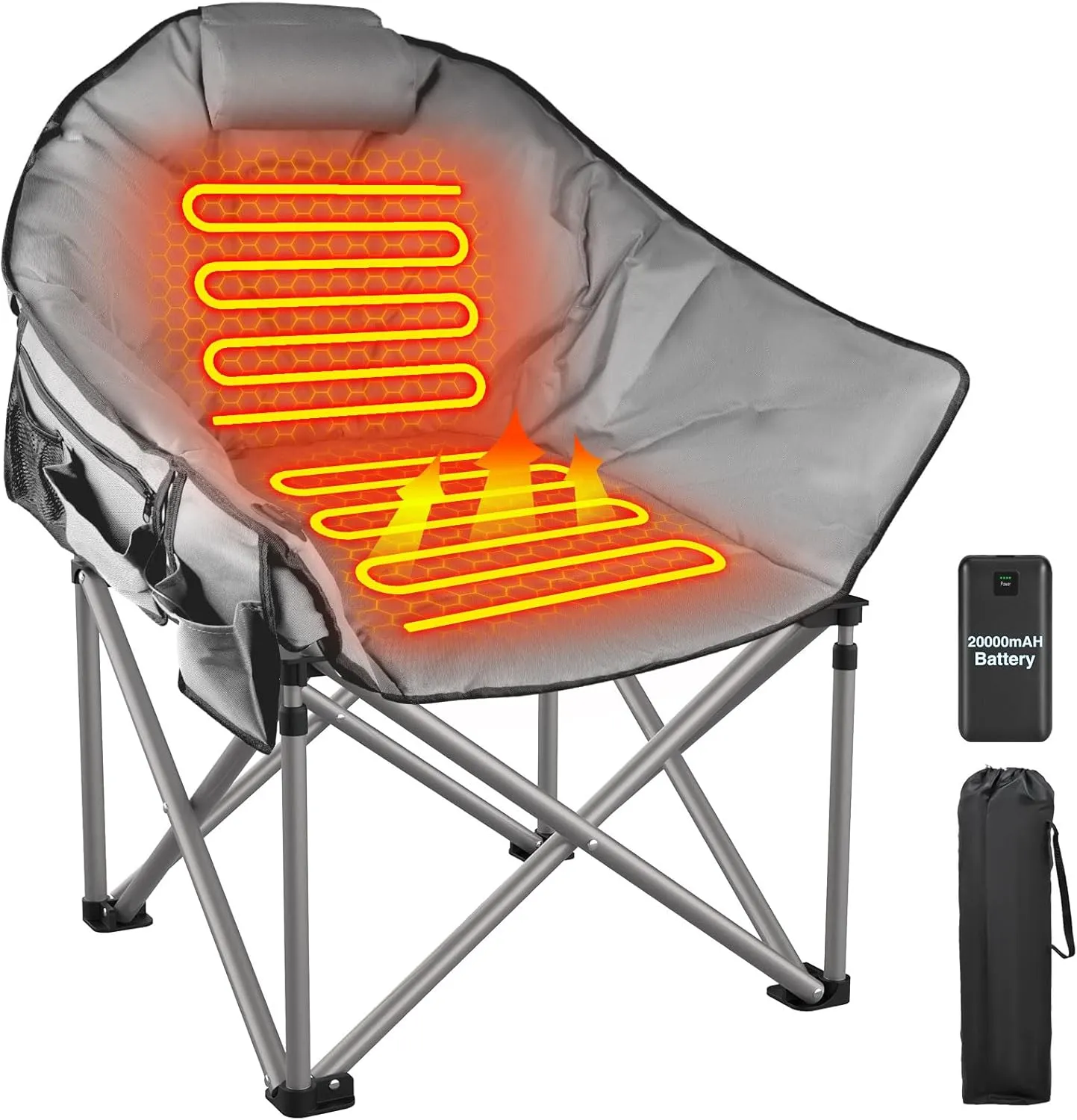 ZENPETIO Heated Camping Chair, Oversized Heated Chair for Adults Outdoor Sports, Dual Heating Zones with 3 Levels, Portable Folding Heated Chairs for Camp, Sports, Lawn with 20000mAh Battery
