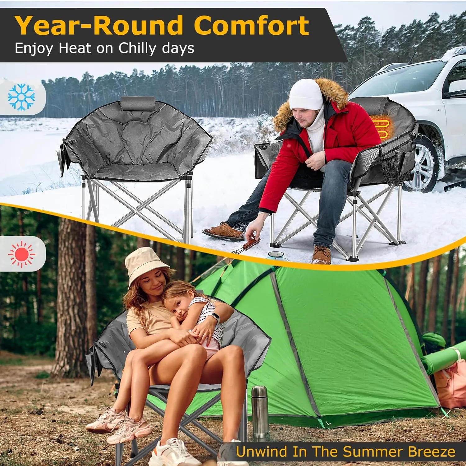 ZENPETIO Heated Camping Chair, Oversized Heated Chair for Adults Outdoor Sports, Dual Heating Zones with 3 Levels, Portable Folding Heated Chairs for Camp, Sports, Lawn with 20000mAh Battery