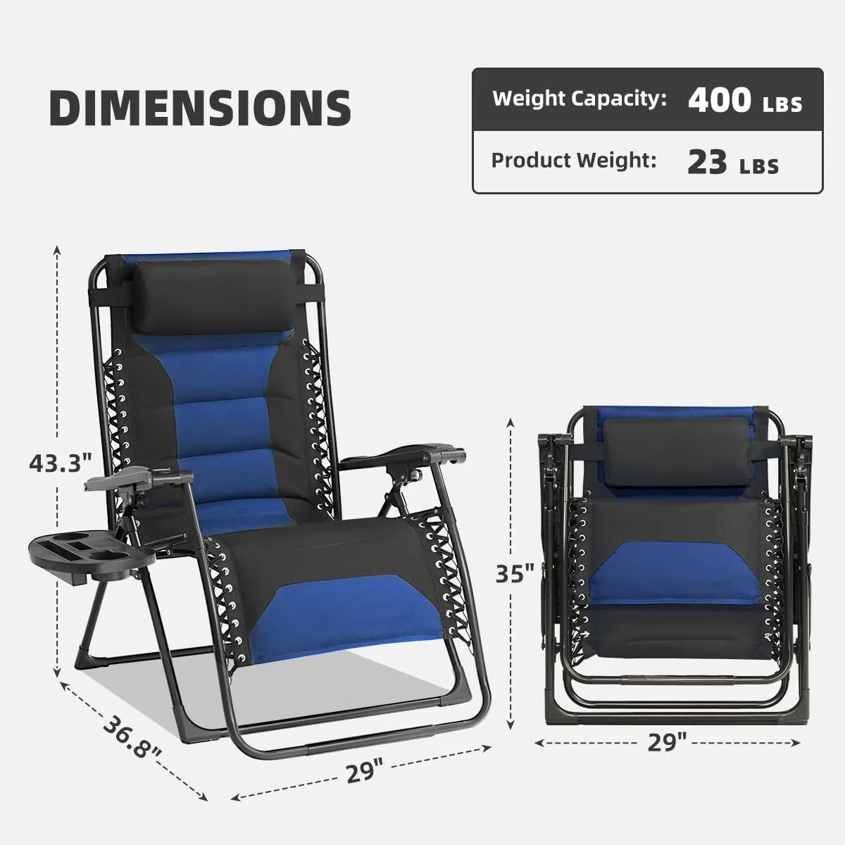 Zero Gravity Chair Set of 2 Oversized Folding Recliner, Padded Anti Gravity Lounge Chair with Adjustable Pillow & Cup Holder for Outdoor Camping, Patio, Poolside, Lawn (Black & Blue)
