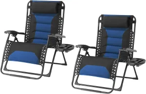 Zero Gravity Chair Set of 2 Oversized Folding Recliner, Padded Anti Gravity Lounge Chair with Adjustable Pillow & Cup Holder for Outdoor Camping, Patio, Poolside, Lawn (Black & Blue)