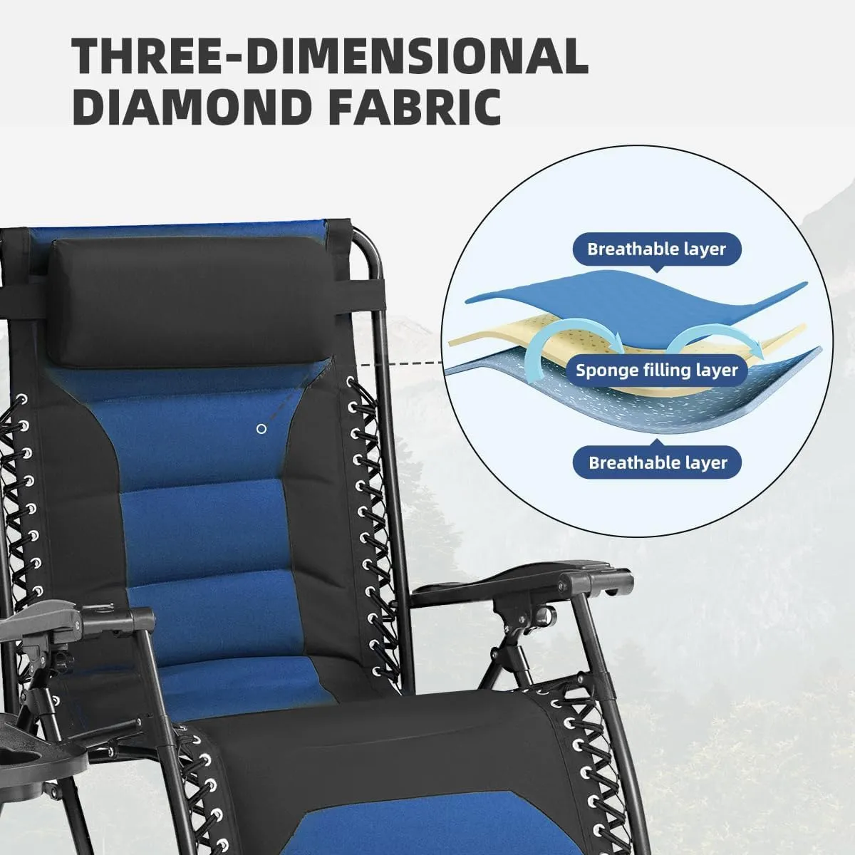 Zero Gravity Chair Set of 2 Oversized Folding Recliner, Padded Anti Gravity Lounge Chair with Adjustable Pillow & Cup Holder for Outdoor Camping, Patio, Poolside, Lawn (Black & Blue)