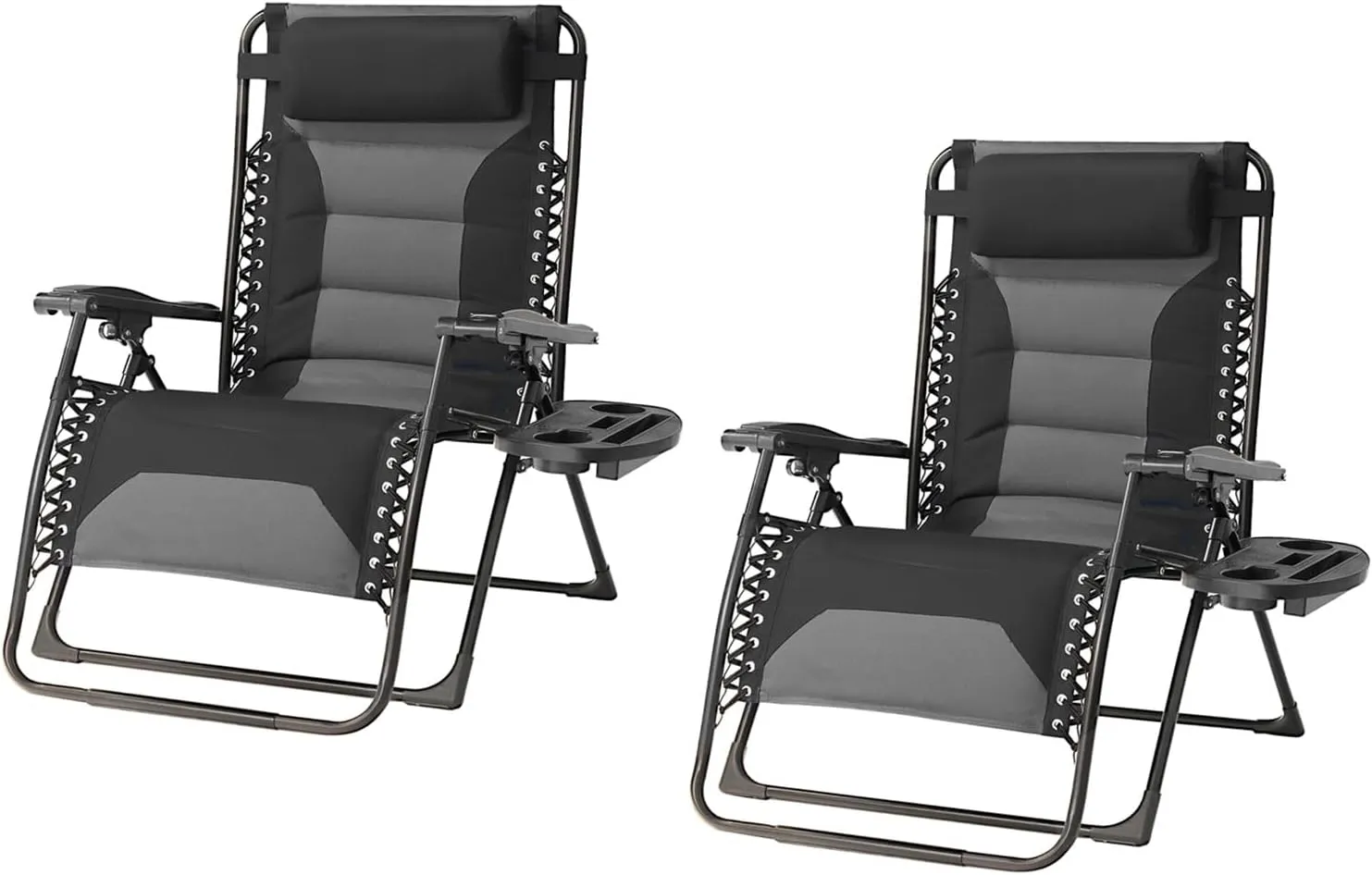 Zero Gravity Chair Set of 2 Oversized Padded Recliner with Adjustable Headrest & Cup Holder - 600D Oxford Folding Lounge Chair for Outdoor Camping, Patio, Poolside (Black & Gray)