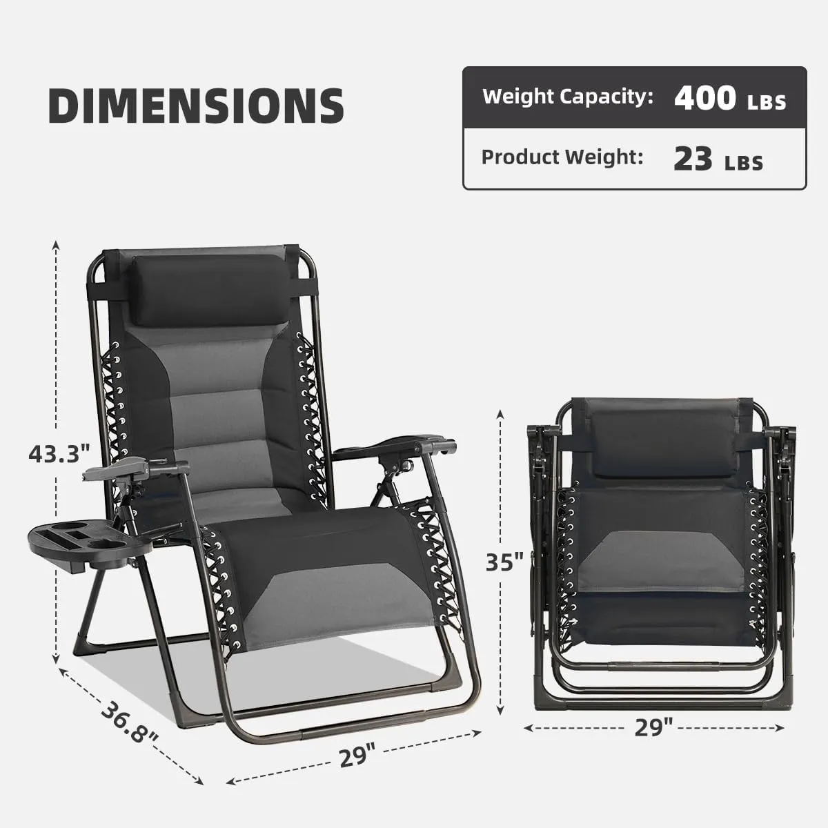 Zero Gravity Chair Set of 2 Oversized Padded Recliner with Adjustable Headrest & Cup Holder - 600D Oxford Folding Lounge Chair for Outdoor Camping, Patio, Poolside (Black & Gray)