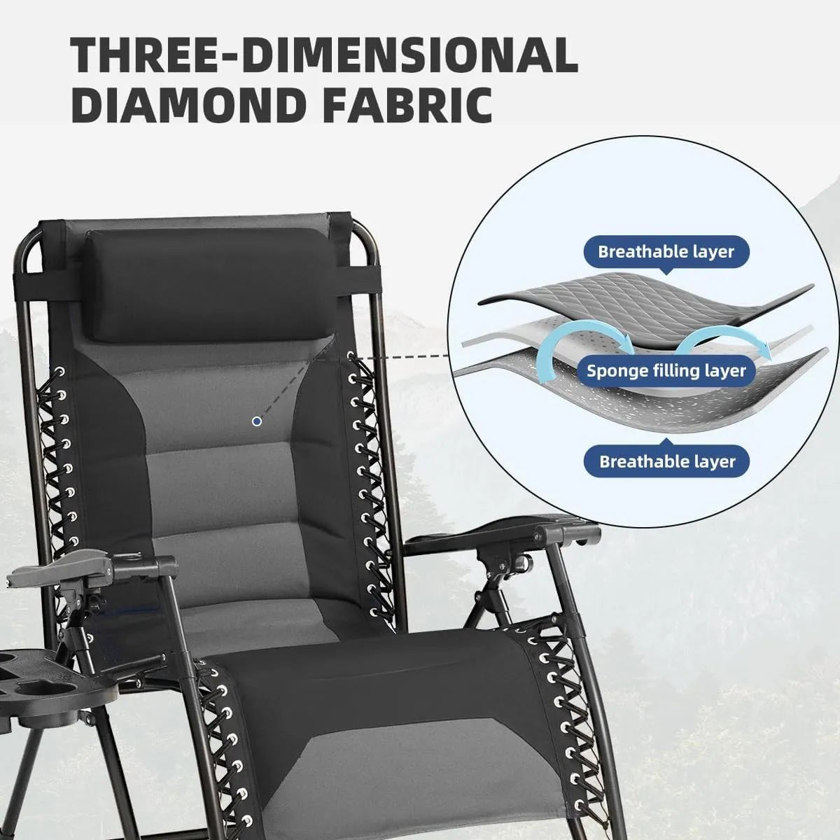 Zero Gravity Chair Set of 2 Oversized Padded Recliner with Adjustable Headrest & Cup Holder - 600D Oxford Folding Lounge Chair for Outdoor Camping, Patio, Poolside (Black & Gray)