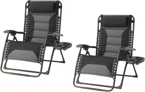 Zero Gravity Chair Set of 2 Oversized Padded Recliner with Adjustable Headrest & Cup Holder - 600D Oxford Folding Lounge Chair for Outdoor Camping, Patio, Poolside (Black & Gray)
