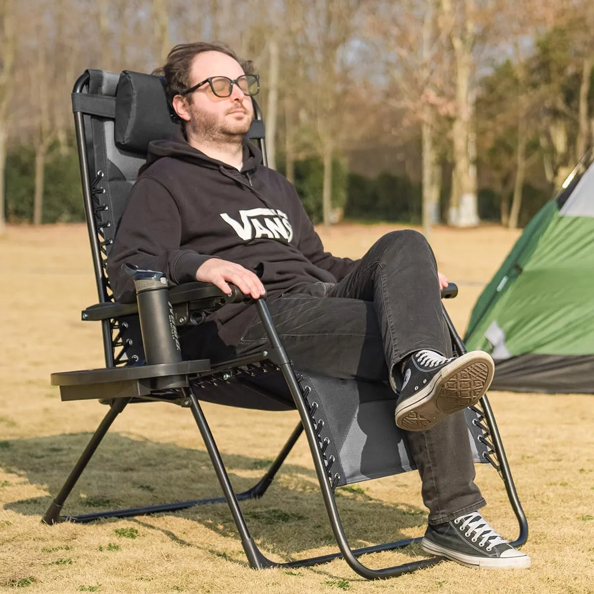 Zero Gravity Chair Set of 2 Oversized Padded Recliner with Adjustable Headrest & Cup Holder - 600D Oxford Folding Lounge Chair for Outdoor Camping, Patio, Poolside (Black & Gray)