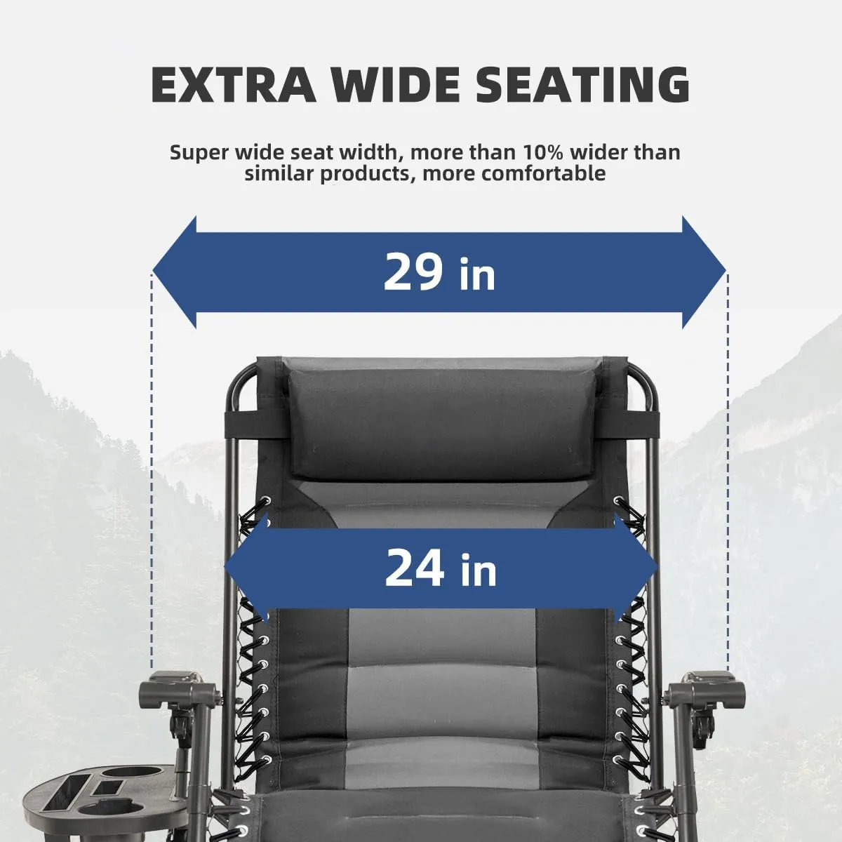 Zero Gravity Chair Set of 2 Oversized Padded Recliner with Adjustable Headrest & Cup Holder - 600D Oxford Folding Lounge Chair for Outdoor Camping, Patio, Poolside (Black & Gray)