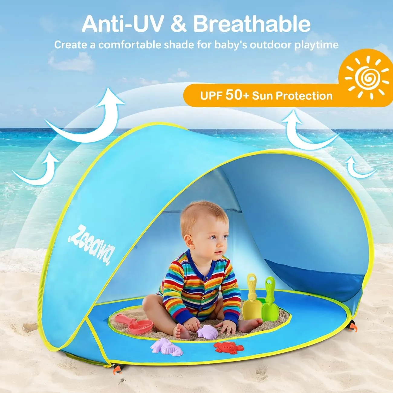 Zooawa Baby Beach Tent, Pop Up Beach Tent Sun Shade for Beach, Portable Shade Pool UV Protection Sun Shelter for Infant with Beach Sand Toys Set