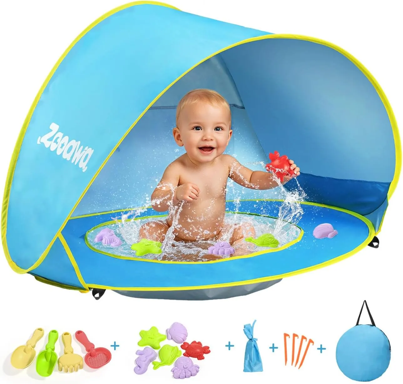 Zooawa Baby Beach Tent, Pop Up Beach Tent Sun Shade for Beach, Portable Shade Pool UV Protection Sun Shelter for Infant with Beach Sand Toys Set