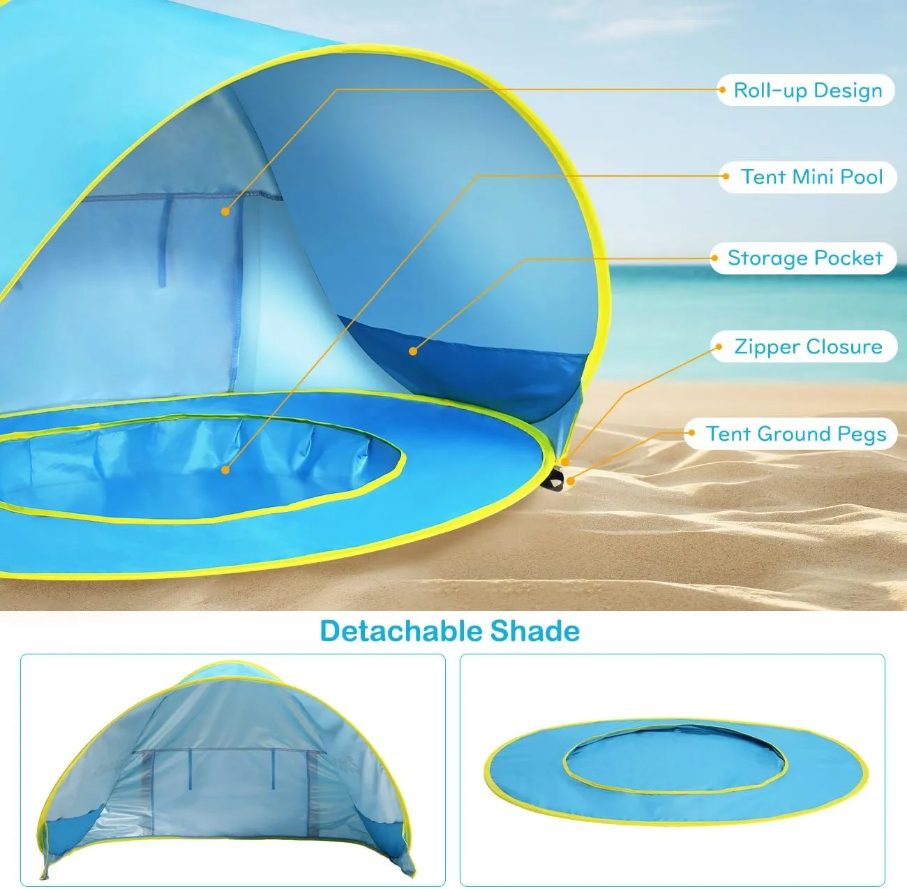 Zooawa Baby Beach Tent, Pop Up Beach Tent Sun Shade for Beach, Portable Shade Pool UV Protection Sun Shelter for Infant with Beach Sand Toys Set